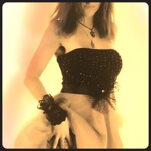 Dillard’s strapless black satin and tulle dress